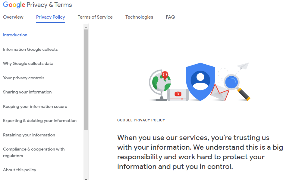 Google's Terms of Service regarding privacy